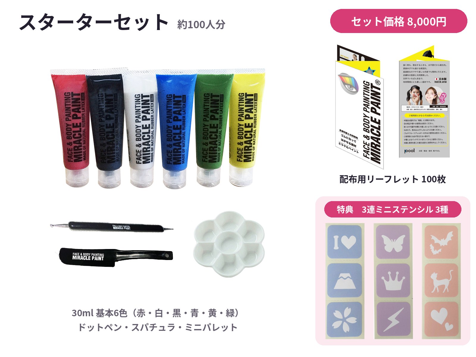 スターターセットの中身:30ml基本6色、ドットペン・スパチュラ・ミニパレット、配布用リーフレット100枚、特典の3連ミニステンシル3種
